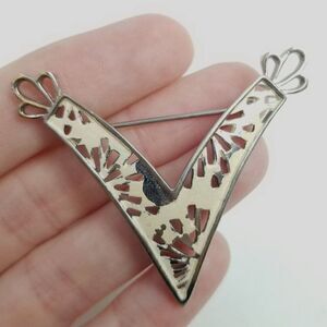Vintage V Shape Brooch, Enamel and Silver Tone Lapel Pin, Funky Design